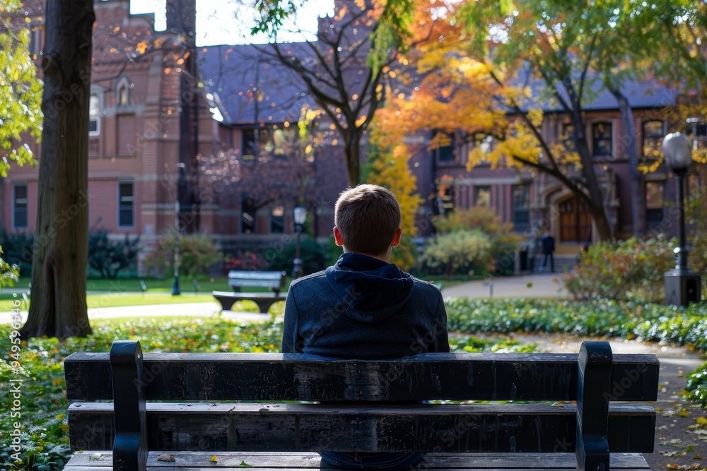 Fototapeta premium A man sitting alone on a bench in a park, surrounded by trees and greenery, Student sitting alone on campus bench