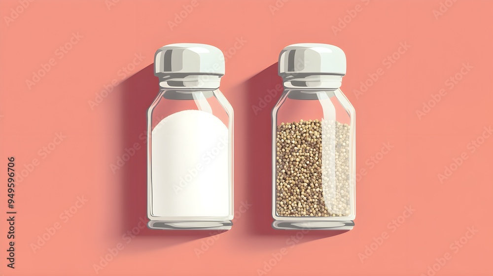 Minimal illustrations of salt and pepper shakers side by side on a clean background Minimal illustrations of salt and pepper shakers side by side on a clean background