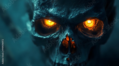 A close-up of a skull with glowing eyes and eerie lighting