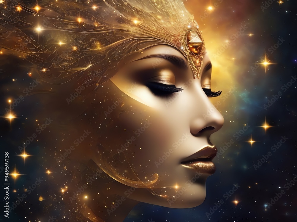 An illustration of a bright woman's face floating in a cosmic space An illustration of a bright woman's face floating in a cosmic space