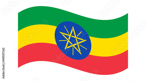 Wavy flag of Ethiopia, isolated on transparent background. Flag of the Federal Democratic Republic of Ethiopia. Vector illustration