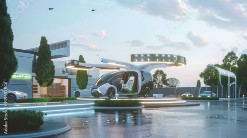 Futuristic flying car landing on a futuristic platform. photo