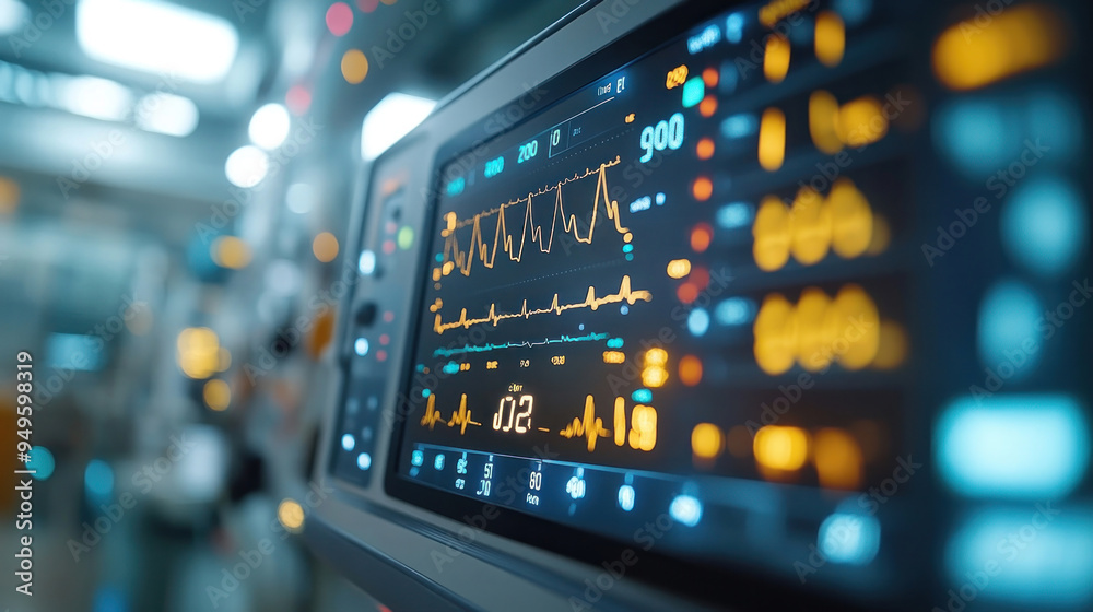 A close-up of a state-of-the-art medical monitor displaying vital signs, symbolizing advanced patient care through modern technology. A close-up of a state-of-the-art medical monitor displaying vital signs, symbolizing advanced patient care through modern technology.