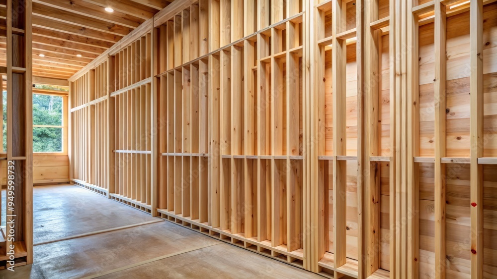 a photo image of a typical residential interior wall with exposed wooden wall studs spaced evenly apart a photo image of a typical residential interior wall with exposed wooden wall studs spaced evenly apart