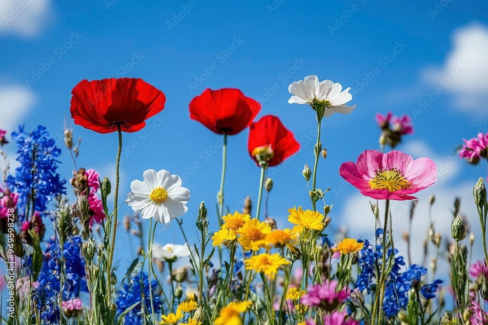A vibrant summer meadow with red, white, and pink poppies against a blue sky.