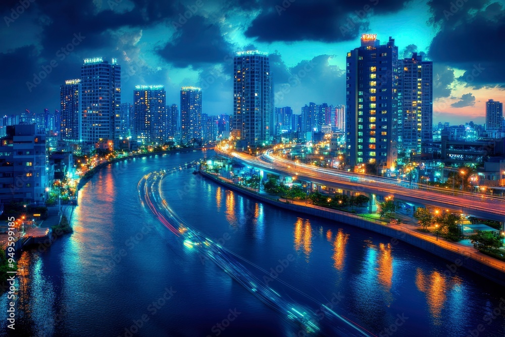Obraz premium Nighttime Cityscape with River and Light Trails