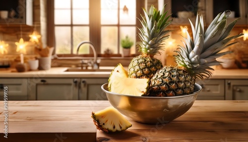 Rustic Kitchen Setting Tabletop - a bowl filled with fresh pineapples sitting on a wooden table. Graphic art illustration background