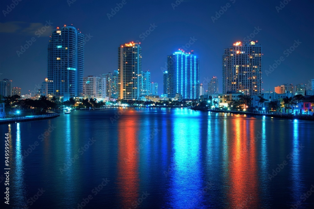 Illuminated Skyscrapers Reflecting in Calm Water at Night Illuminated Skyscrapers Reflecting in Calm Water at Night