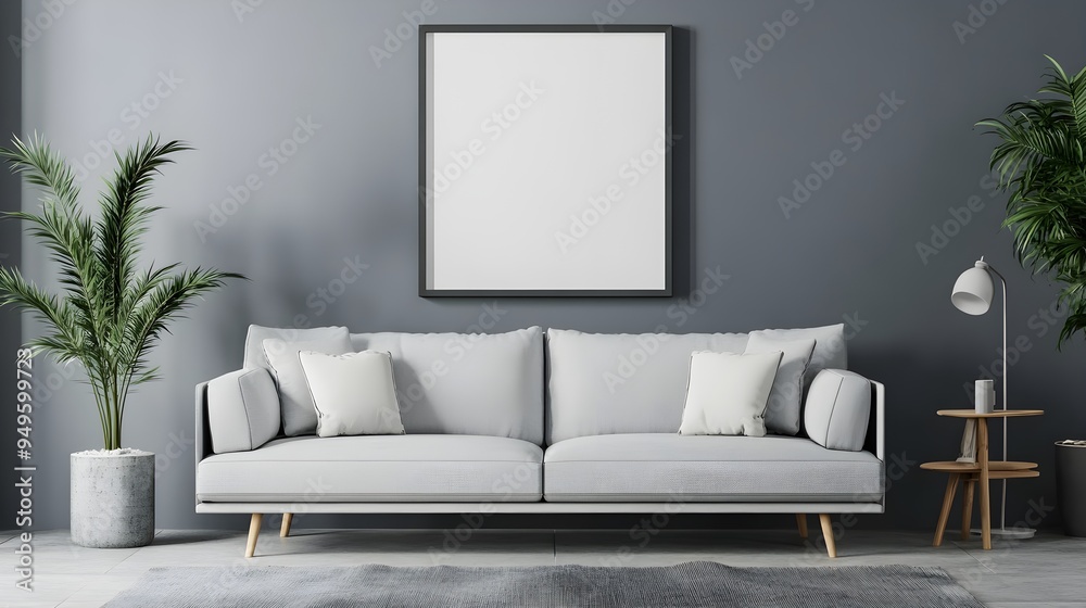 picture frame mock-up in the interior of a modern living room on a grey wall with a sofa and a plant in a vase