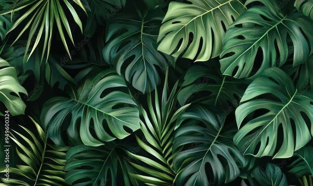 Abstract foliage and botanical background with green tropical forest wallpaper of monstera leaves, palm, and branches in a hand-drawn pattern. Abstract foliage and botanical background with green tropical forest wallpaper of monstera leaves, palm, and branches in a hand-drawn pattern.