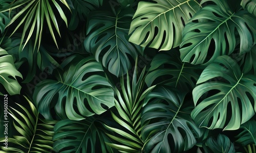 Abstract foliage and botanical background with green tropical forest wallpaper of monstera leaves, palm, and branches in a hand-drawn pattern.