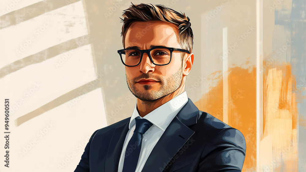 A confident businessman in a suit stands in a modern office, showcasing stylish glasses and a determined expression during the day A confident businessman in a suit stands in a modern office, showcasing stylish glasses and a determined expression during the day
