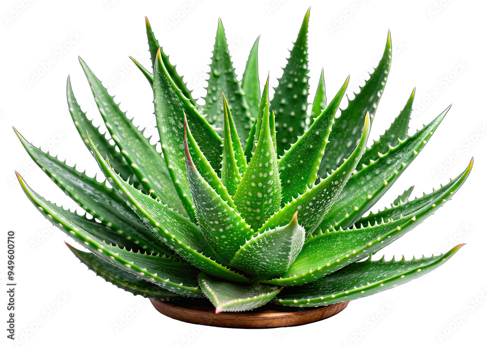 Fototapeta premium An isolated image of a single aloe vera plant with green, spiky leaves against a white background