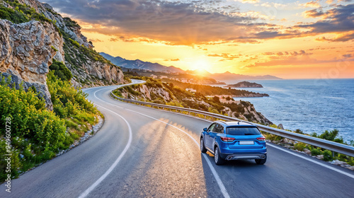 Blue SUV car driving along a winding coastal road at sunset photo