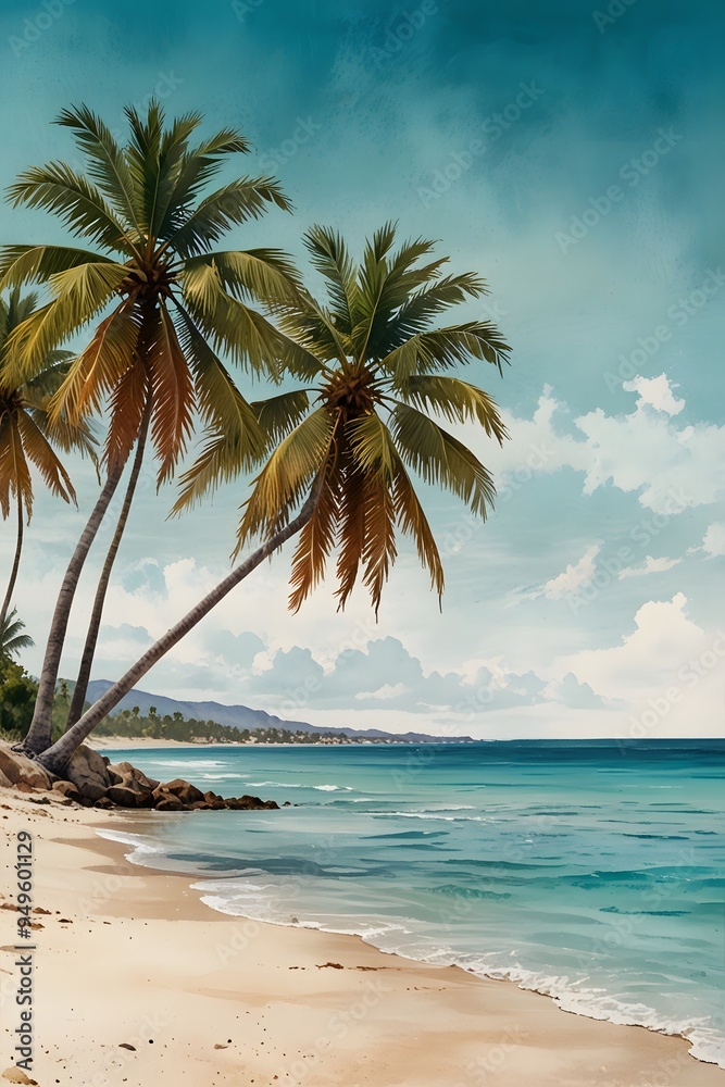 Fototapeta premium Mexican beach with palm trees and turquoise water in watercolor style