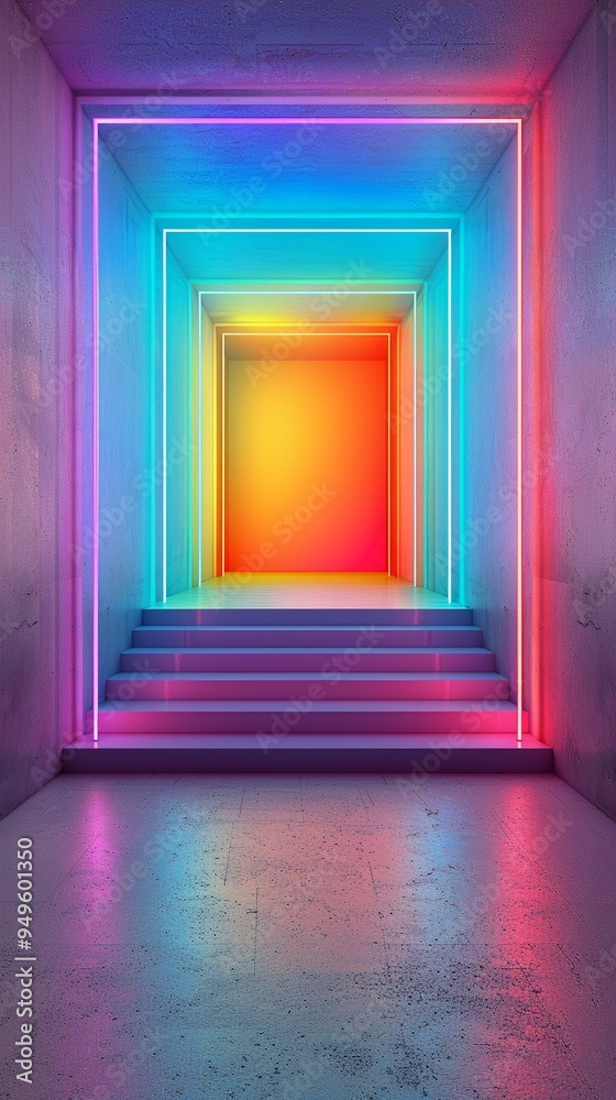Fototapeta premium Geometric neonlit podium, vibrant hues, high contrast, bold and conceptual design, 3D render