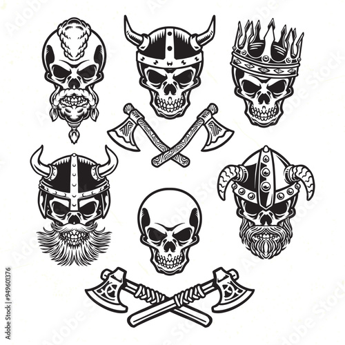Vintage monochrome viking head set