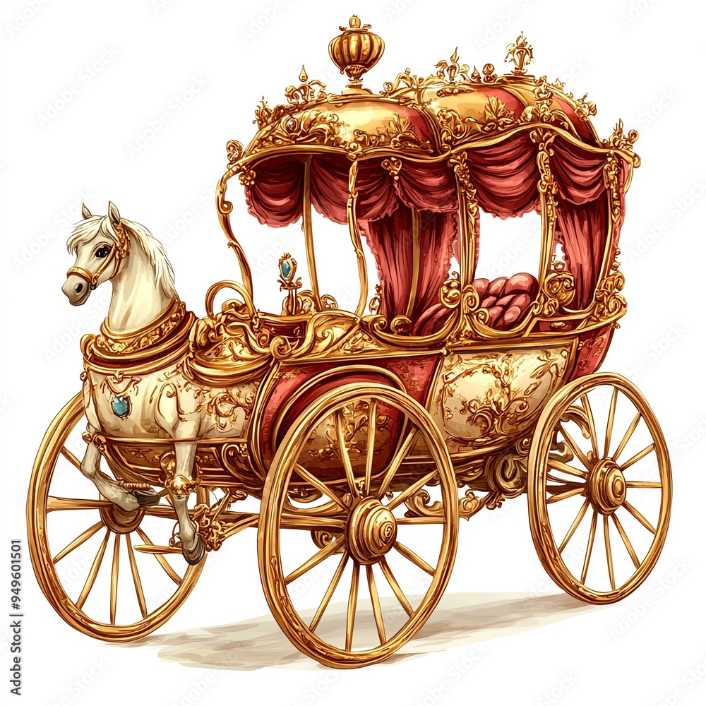 Fototapeta premium A royal carriage clipart, fairytale transportation, hand-drawn style, with golden details and horses, isolated on white background