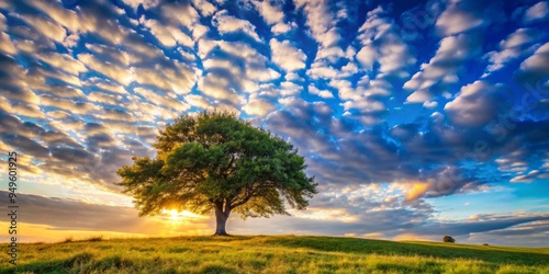 Warm Brandeis Blue sky with scattered white clouds, shot from a low angle, with a solitary tree in the foreground, dramatic morning light, a realistic photo image. photo