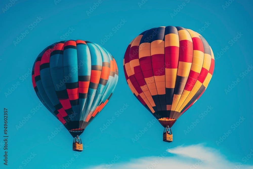 Obraz premium Two Colorful Hot Air Balloons Soaring in a Clear Blue Sky
