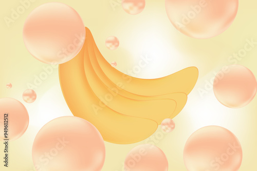 Abstract light yellow gradient background with bananas, orange glowing soda bubbles. Fresh exotic fruit vector decoration for menu, presentation, poster