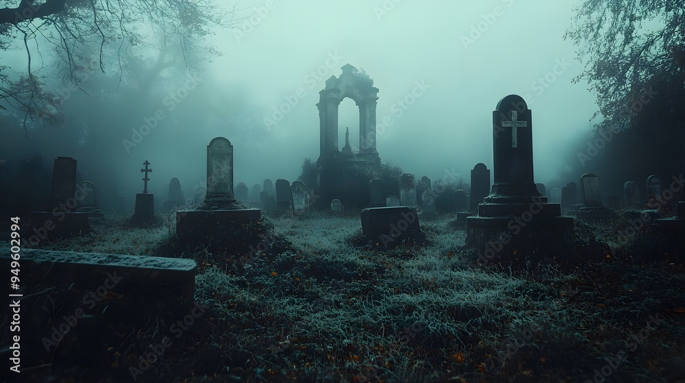 A fog-covered graveyard with old tombstones and ghostly figures A fog-covered graveyard with old tombstones and ghostly figures