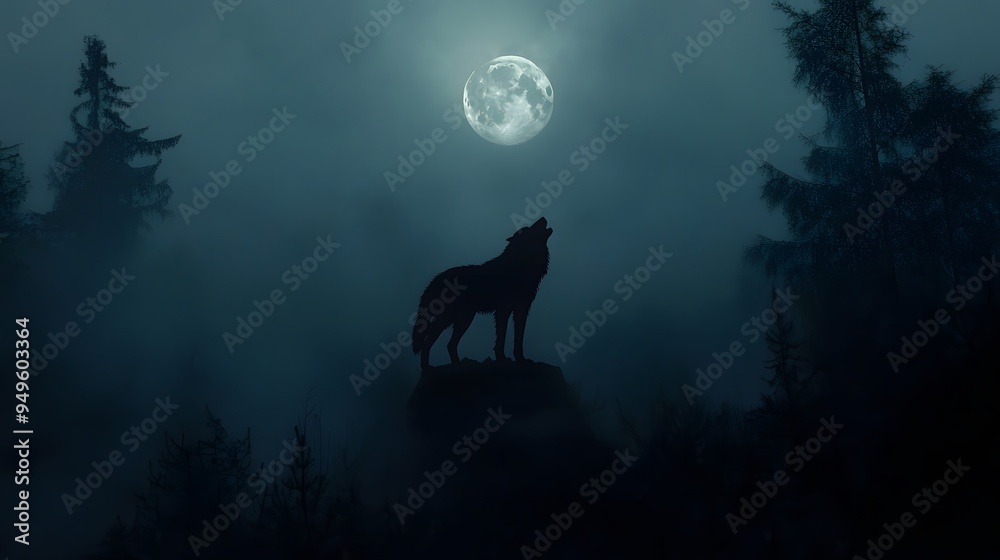 A foggy night with a silhouette of a werewolf howling at the moon