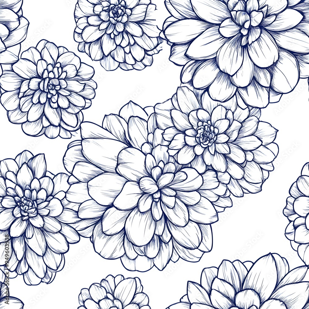 Fototapeta premium Seamless pattern with hand drawn dahlia flowers.