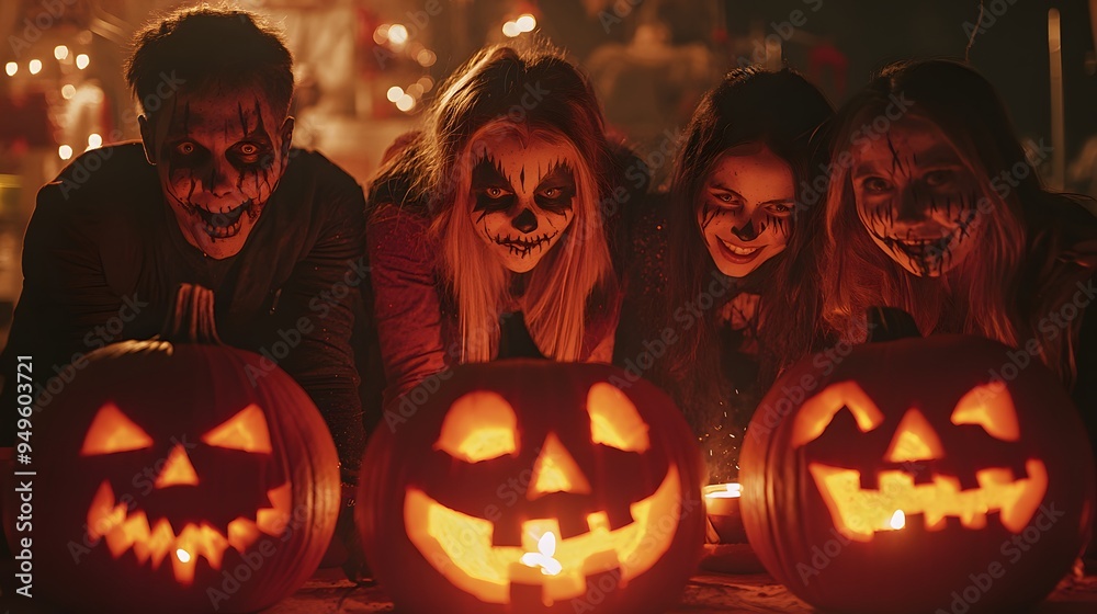 A group of friends in Halloween costumes carving pumpkins