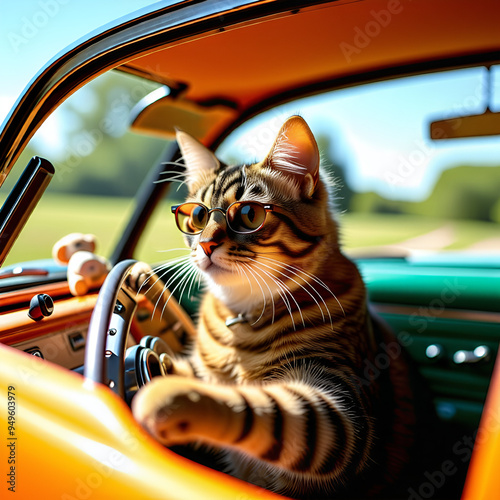 cat driving wearing sunglasses. Generative Al