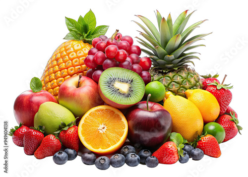 Fresh fruits - pineapple, kiwi, apple, orange, grapes, strawberries, limes, blueberries - beautifully arranged on a white background