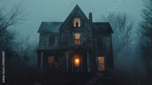 A haunted house with flickering lights and a ghostly figure in the window