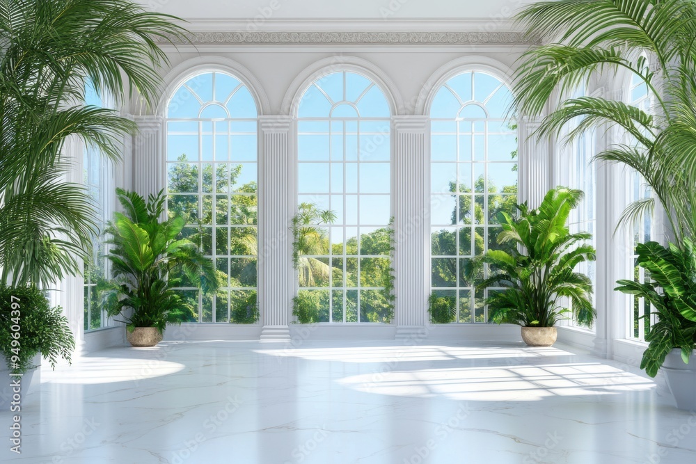 opulent conservatory featuring large windows, exotic plants, and classical decor opulent conservatory featuring large windows, exotic plants, and classical decor