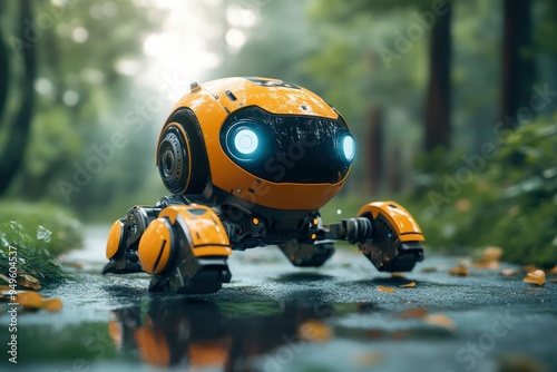 Yellow Robot Exploring a Rainy Forest Path