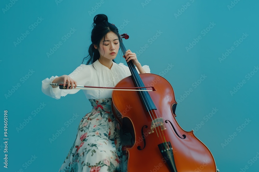 a woman engrossed in playing the cellos, positioned to the left of the frame against a solid light blue background a woman engrossed in playing the cellos, positioned to the left of the frame against a solid light blue background