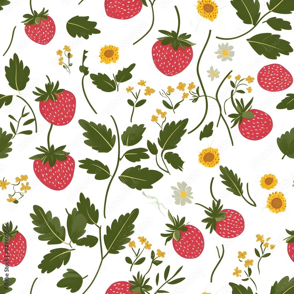 Summer seamless pattern and card design with wild strawberries and flowers, seasonal strawberry wallpaper, cute design for fabric, interior decor, wrapping paper Summer seamless pattern and card design with wild strawberries and flowers, seasonal strawberry wallpaper, cute design for fabric, interior decor, wrapping paper