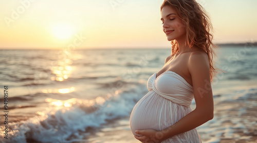 Pregnant girl on sea beach, sea background photo