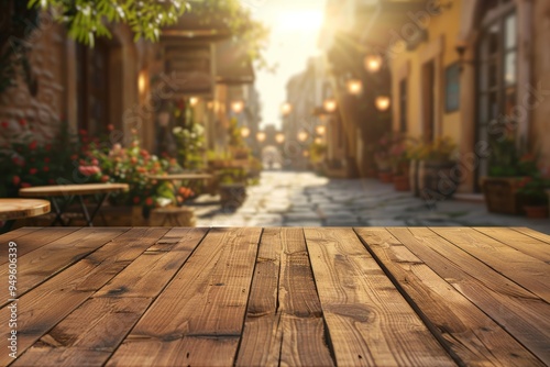 Wooden Table Top with Blurred European Street Background