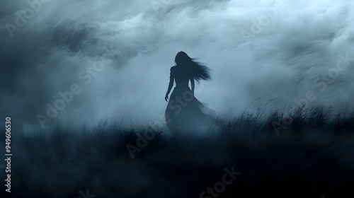 A spooky, foggy night with a silhouette of a witch