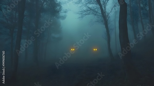 Fototapeta Naklejka Na Ścianę i Meble -  A foggy forest with glowing eyes peering from the darkness