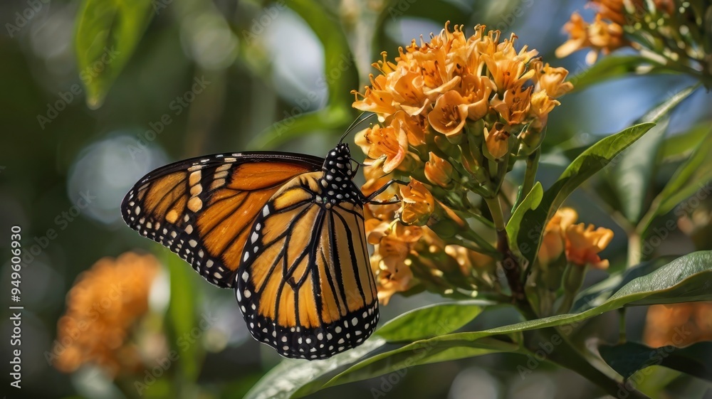 Fototapeta premium Monarch butterfly perched on orange blossom, side angle