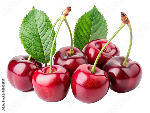 A group of six ripe red cherries with green leaves are arranged on a white background photo