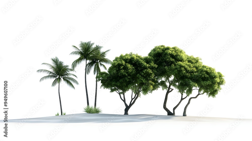 Fototapeta premium Tropics serene trees form set environmental cut on white backgrounds 3d illustrations