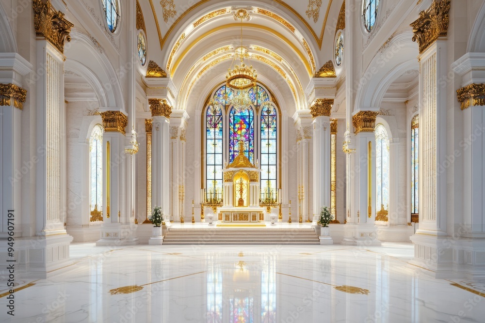 Fototapeta premium luxurious palace chapel featuring stained glass windows, golden altars, and classical architecture