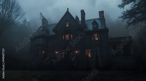 A haunted house with flickering lights and eerie shadows