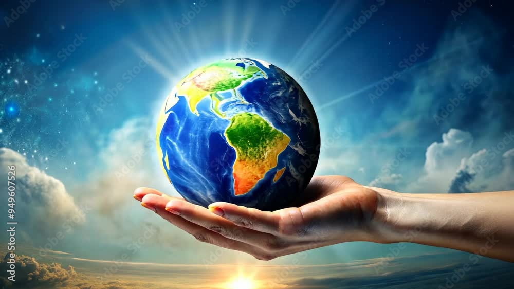 Hand Holding Earth Globe Against Cloudy Sky. Hand Holding Earth Globe Against Cloudy Sky.