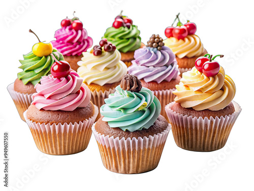 A close-up image of eight cupcakes with colorful frosting and fresh cherries, arranged on a white background