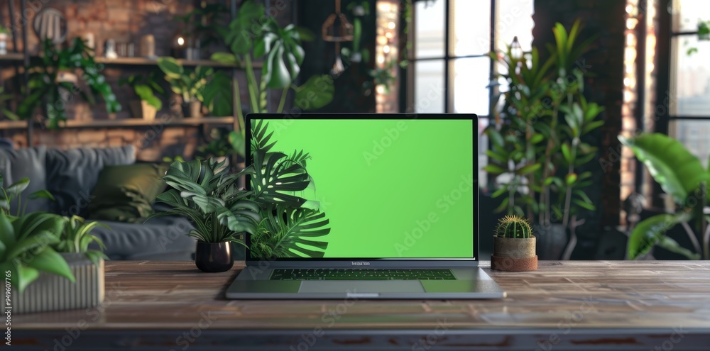 Fototapeta premium Laptop with Green Screen Surrounded by Plants on a Wooden Table