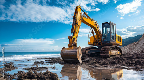 Excavator Digging on Beach with Blue Sky and Ocean photo