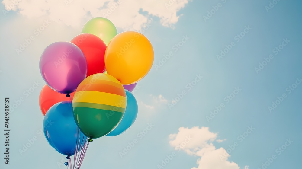 Colorful Balloons Floating Against Cloudy Sky Uplifting Mood of Joy and Colorful Balloons Floating Against Cloudy Sky Uplifting Mood of Joy and